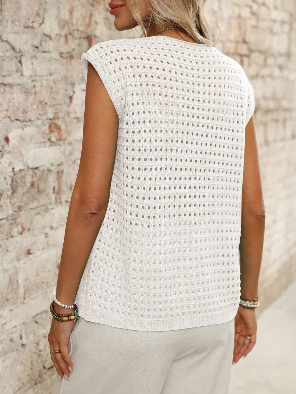 Tied Front Openwork V-Neck Knit Top, image 19