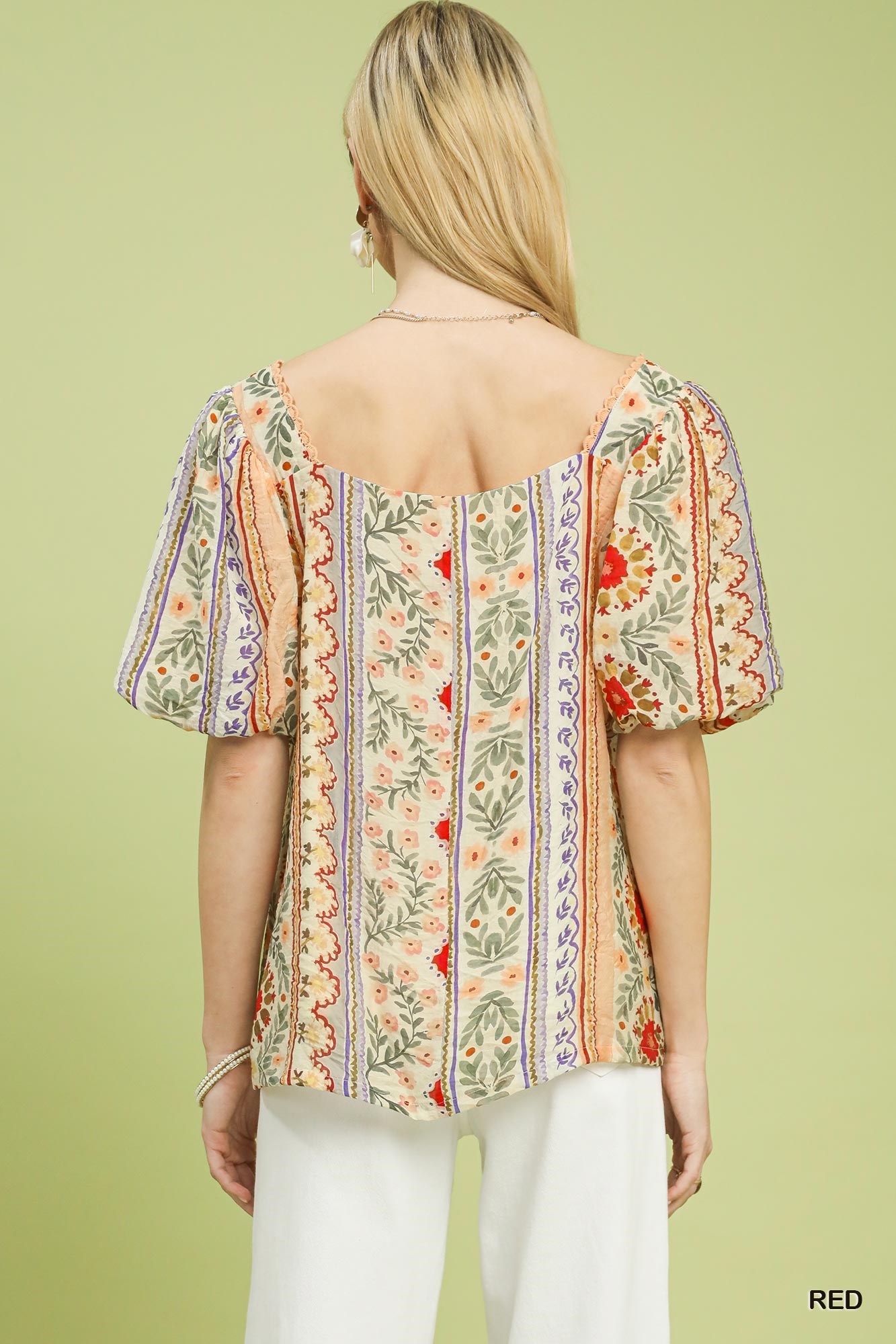 Patchwork Puff Sleeve Smocked Blouse, image 4