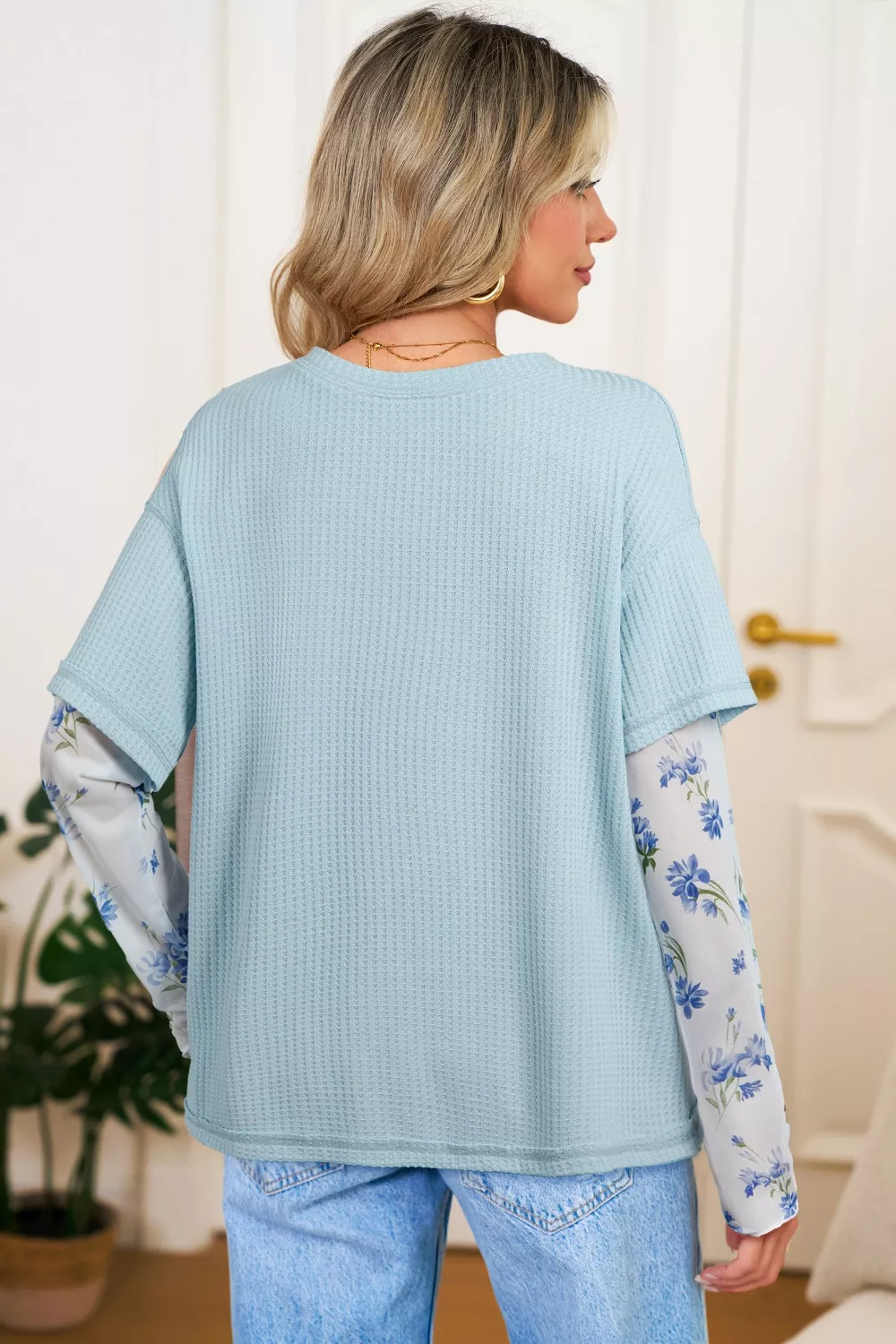 Floral Lace Sleeve Patchwork Waffle Fake Two-Piece Top, image 2