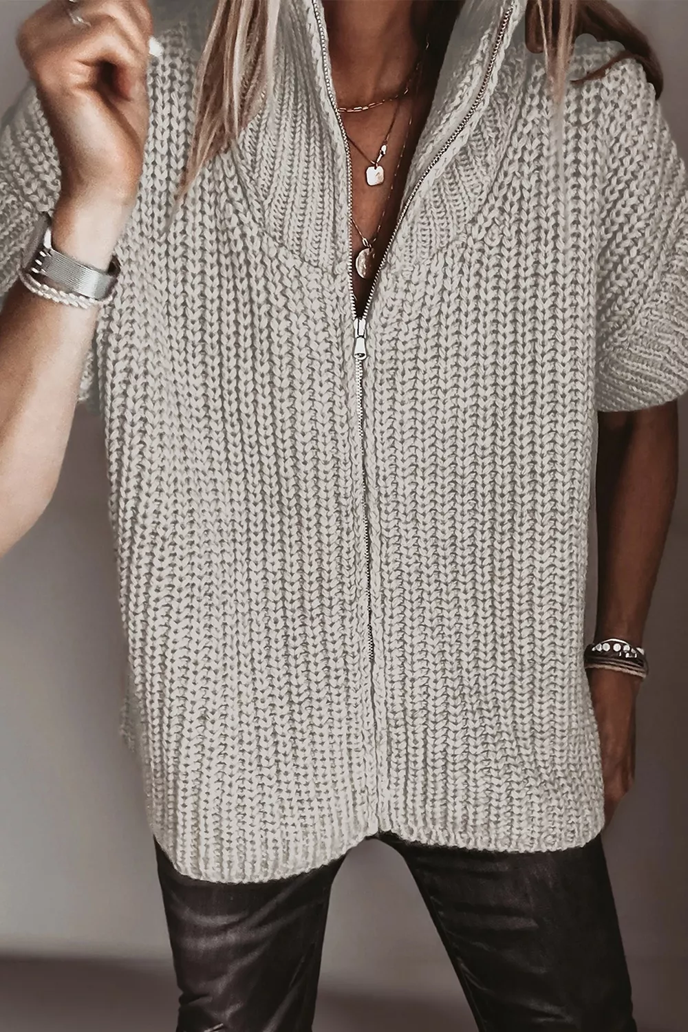 Solid Color Short Sleeve Zipper Knit High Neck Sweater, image 2