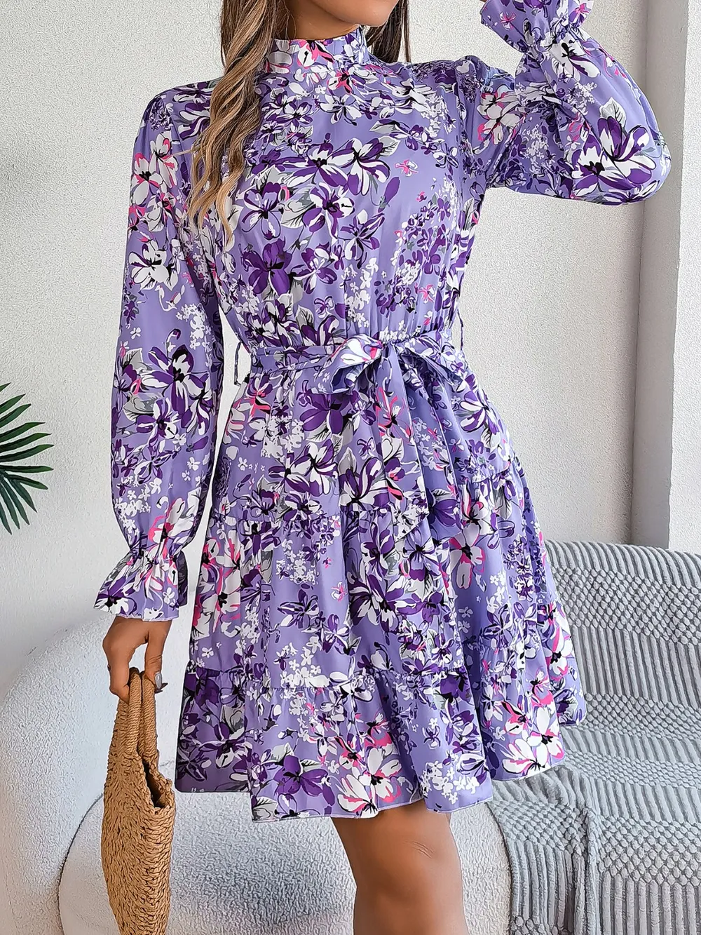 Printed Mock Neck Flounce Sleeve Mini Dress, image 12