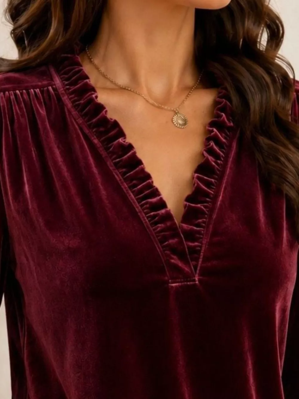 V-Neck Ruffle Trim Velvet Blouse, image 11