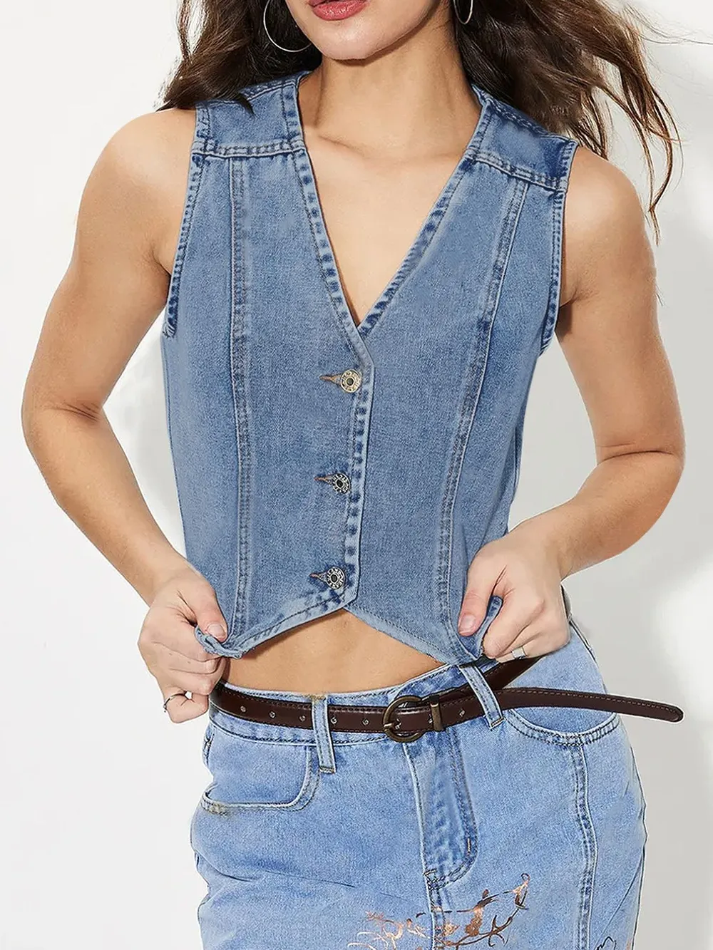 V-Neck Button Up Denim Vest, image 7