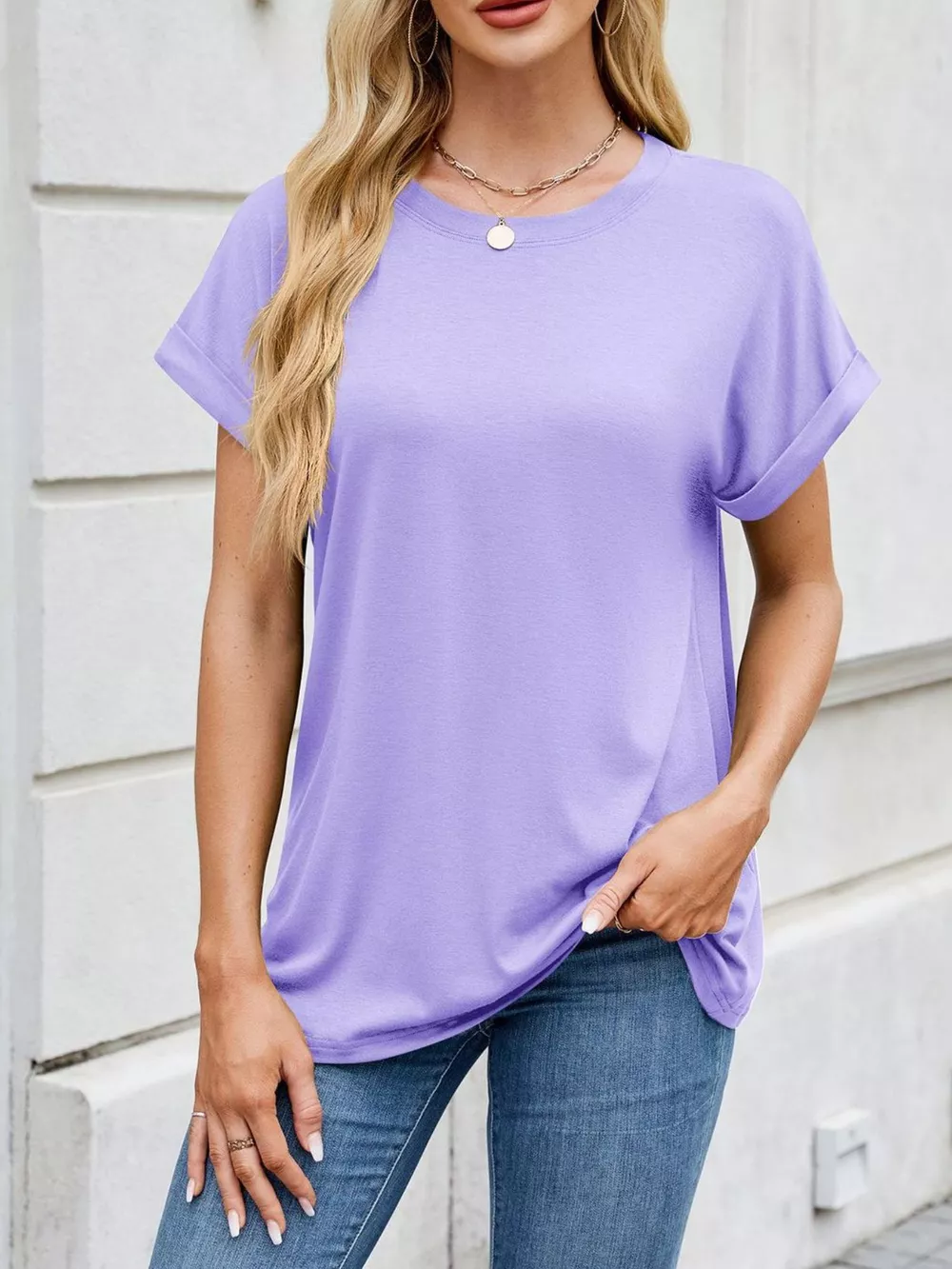 Casual Rolled Sleeve Solid Color T-Shirt, image 30