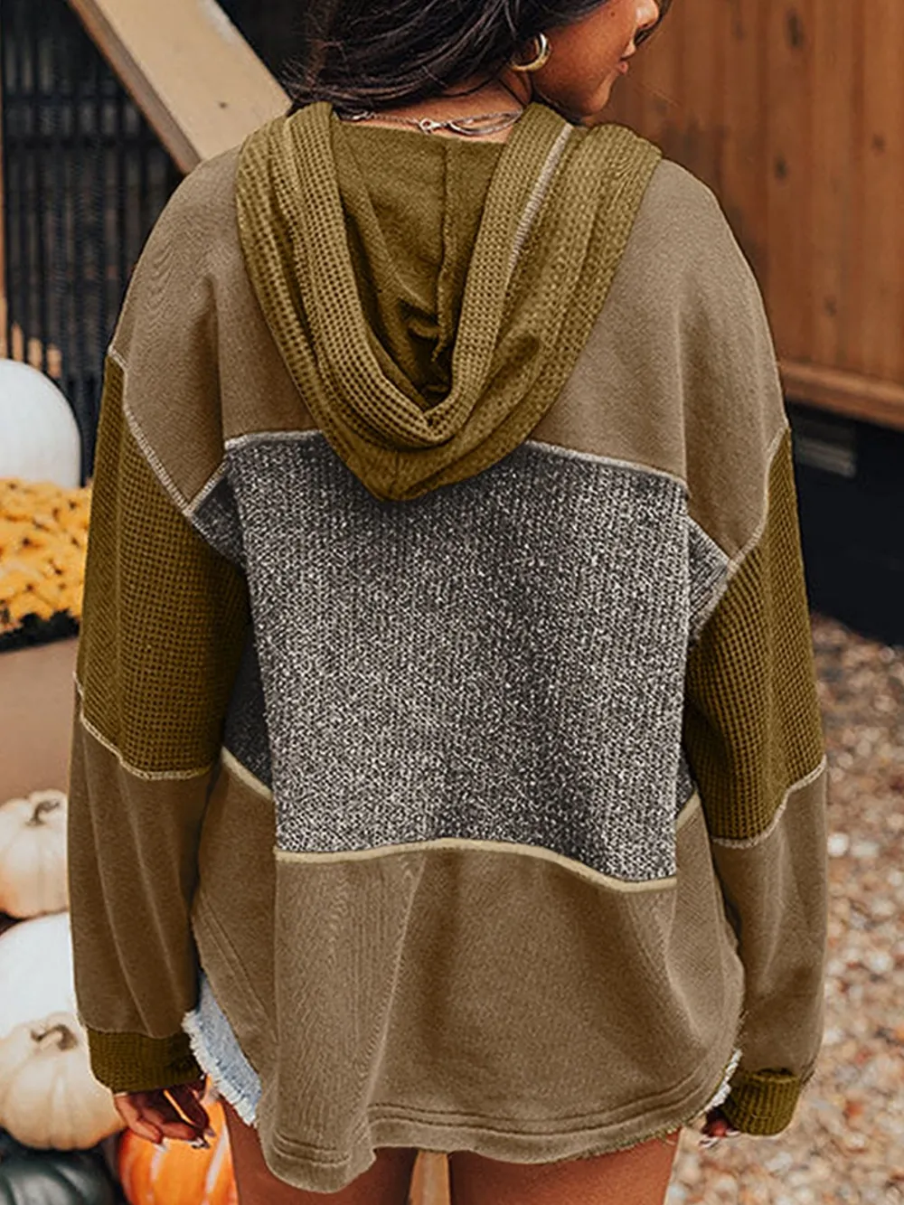 Mixed Texture Patchwork Exposed Seam Half Button Hoodie, image 3
