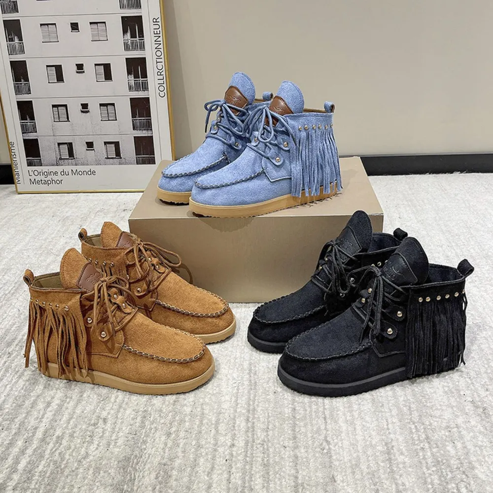 Fringe Studded Round Toe Canvas Boots, image 2