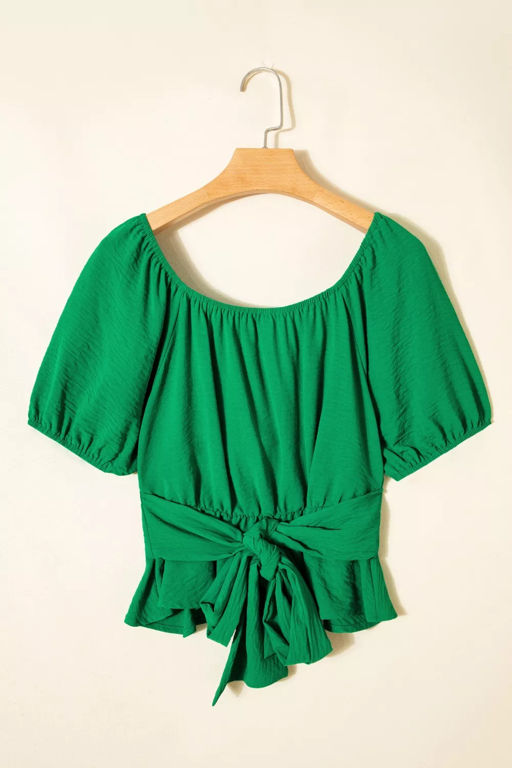 Solid Color Ruched Crossed Waist Tied Back Short Sleeve Peplum Top, image 8