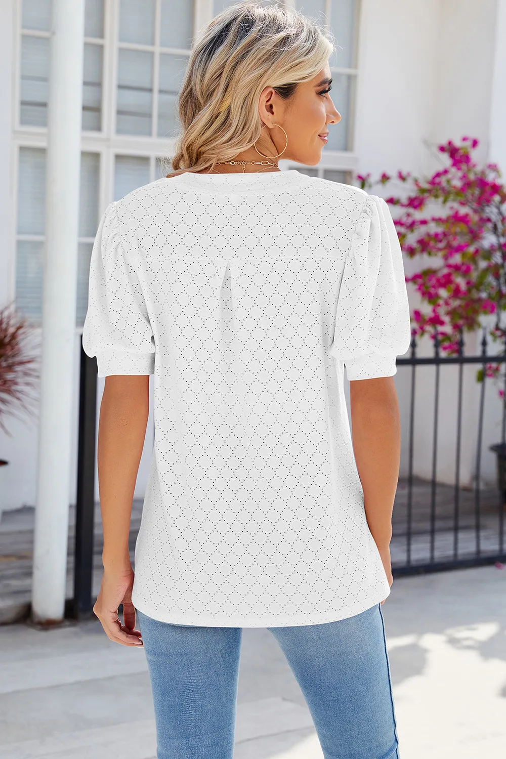 Eyelet Notched Puff Sleeve T-Shirt, image 13