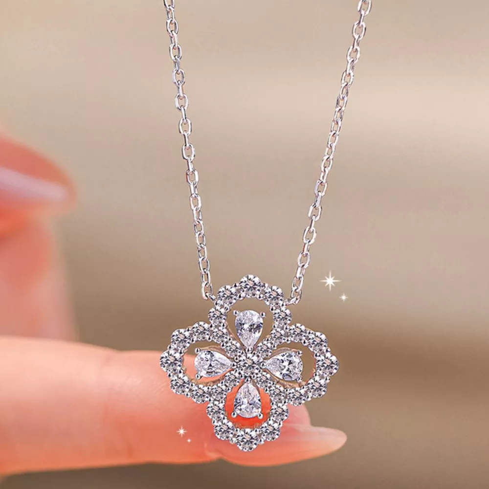 Moissanite 925 Sterling Silver Clover Pendant Necklace, image 8