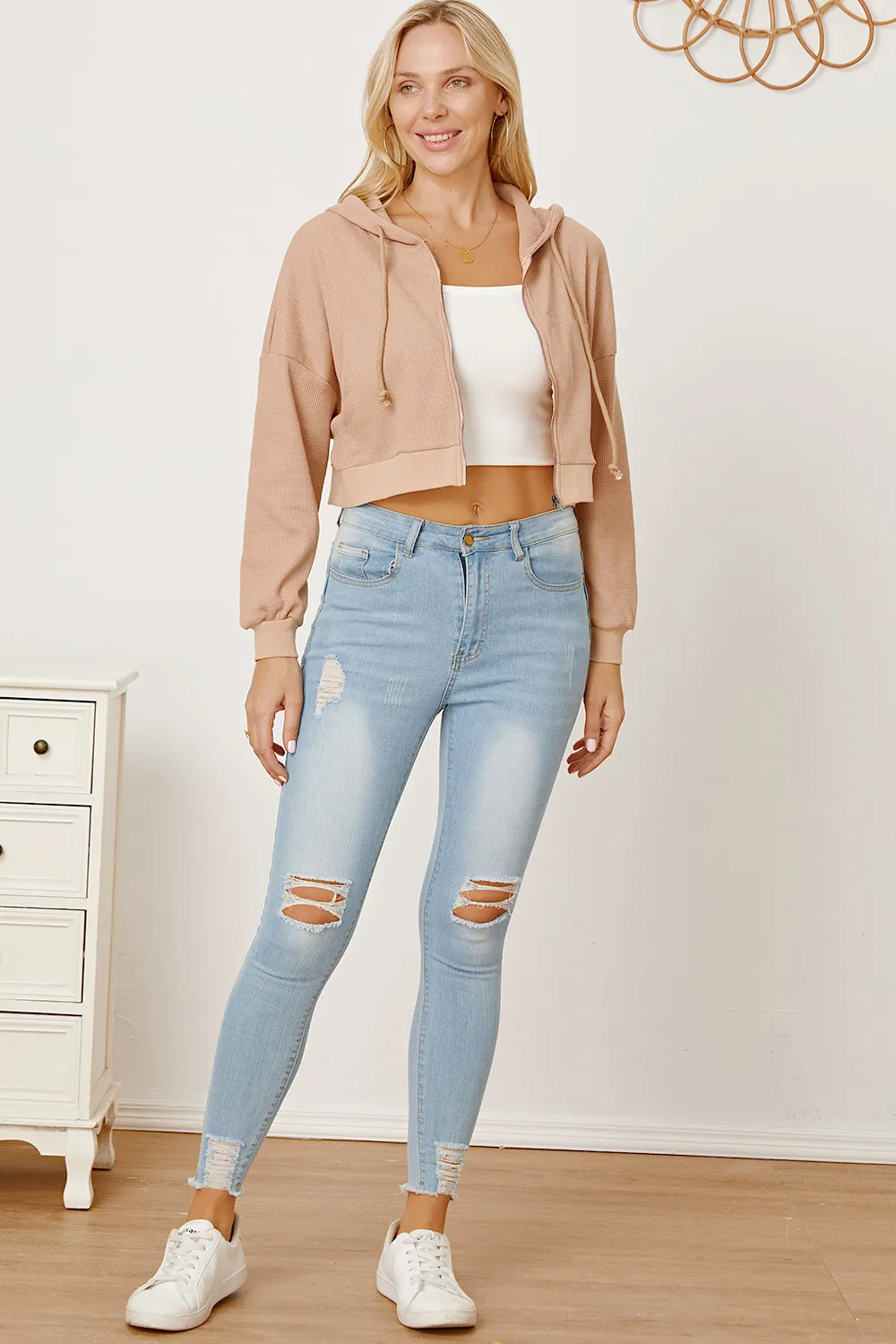 Waffle-Knit Drawstring Zip Up Hoodie, image 9