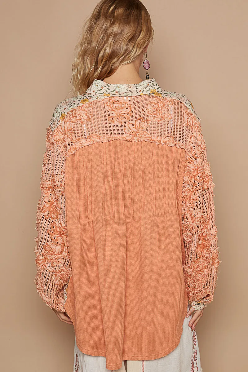 Floral Half Button Lace Detail Long Sleeve Top, image 4