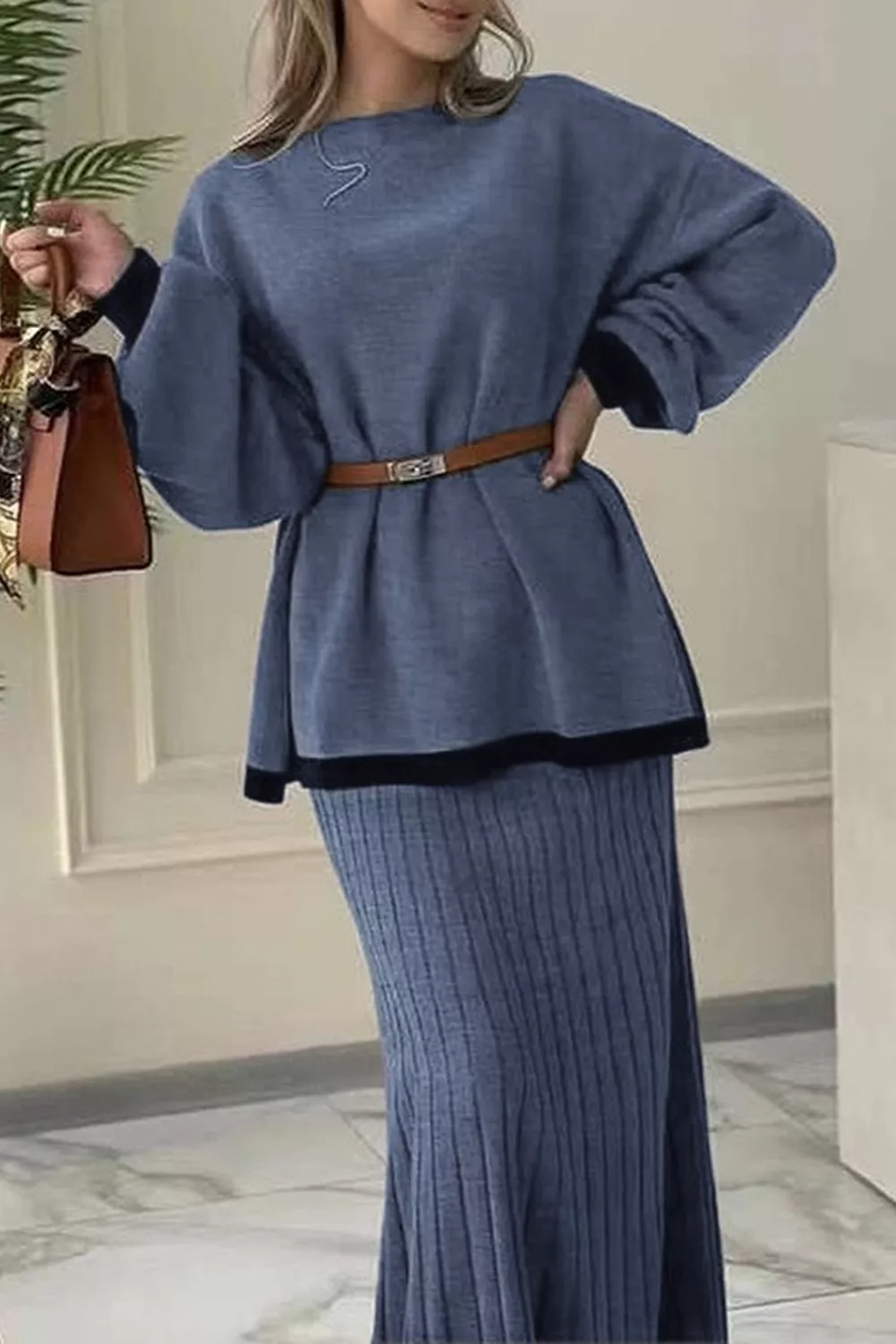 Contrast Trim Ribbed Knit Sweater and Skirt Set, image 5