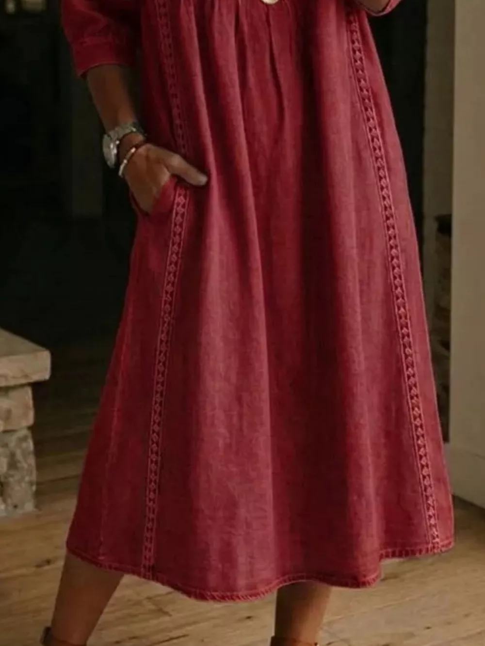 Full Size V-Neck 3/4 Sleeve Midi Dress Plus Size, image 8