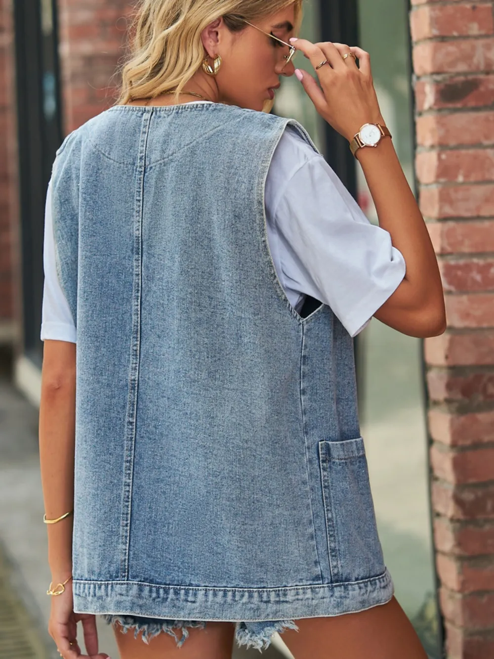 Full Size V-Neck Button Up Denim Vest, image 16