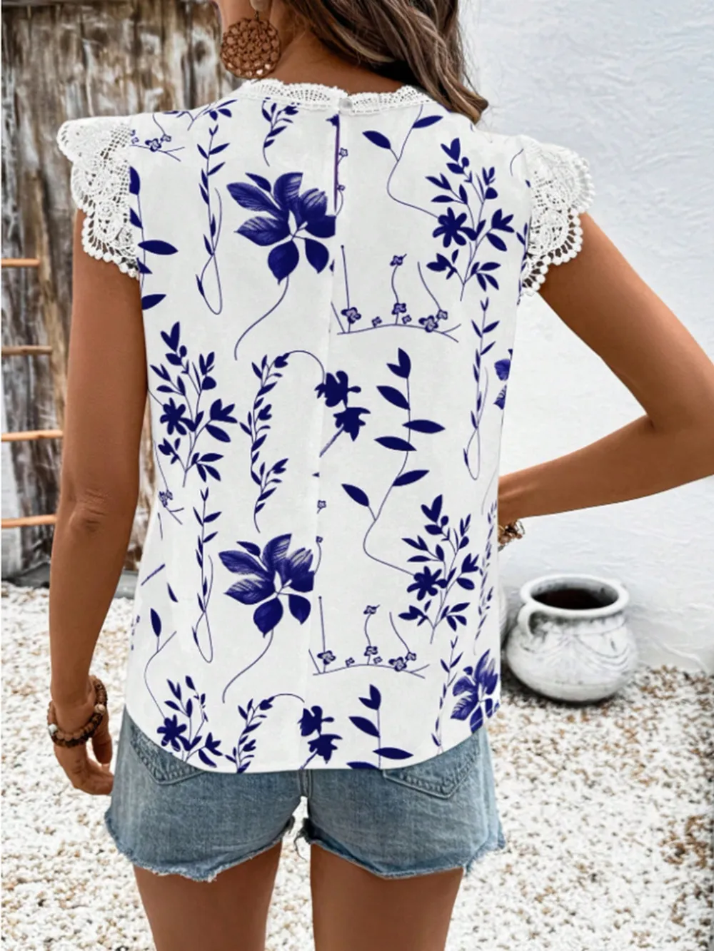 Lace Detail Printed Cap Sleeve Blouse, image 8