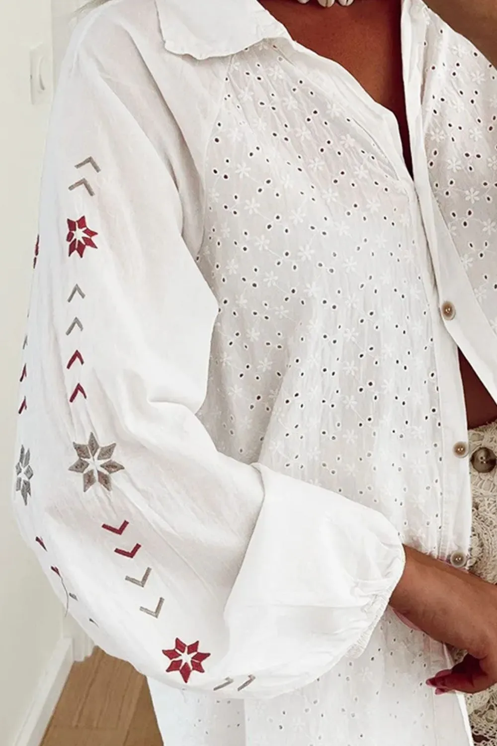 Eyelet Collared Neck Long Sleeve Shirt, image 3