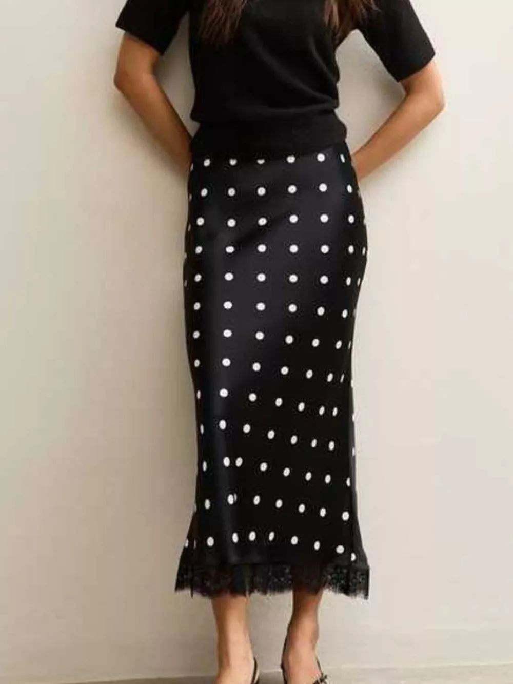 Polka Dot Midi Skirt with Lace Trim