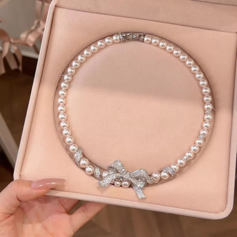 Pearl Necklace with Bow Pendant, image 2