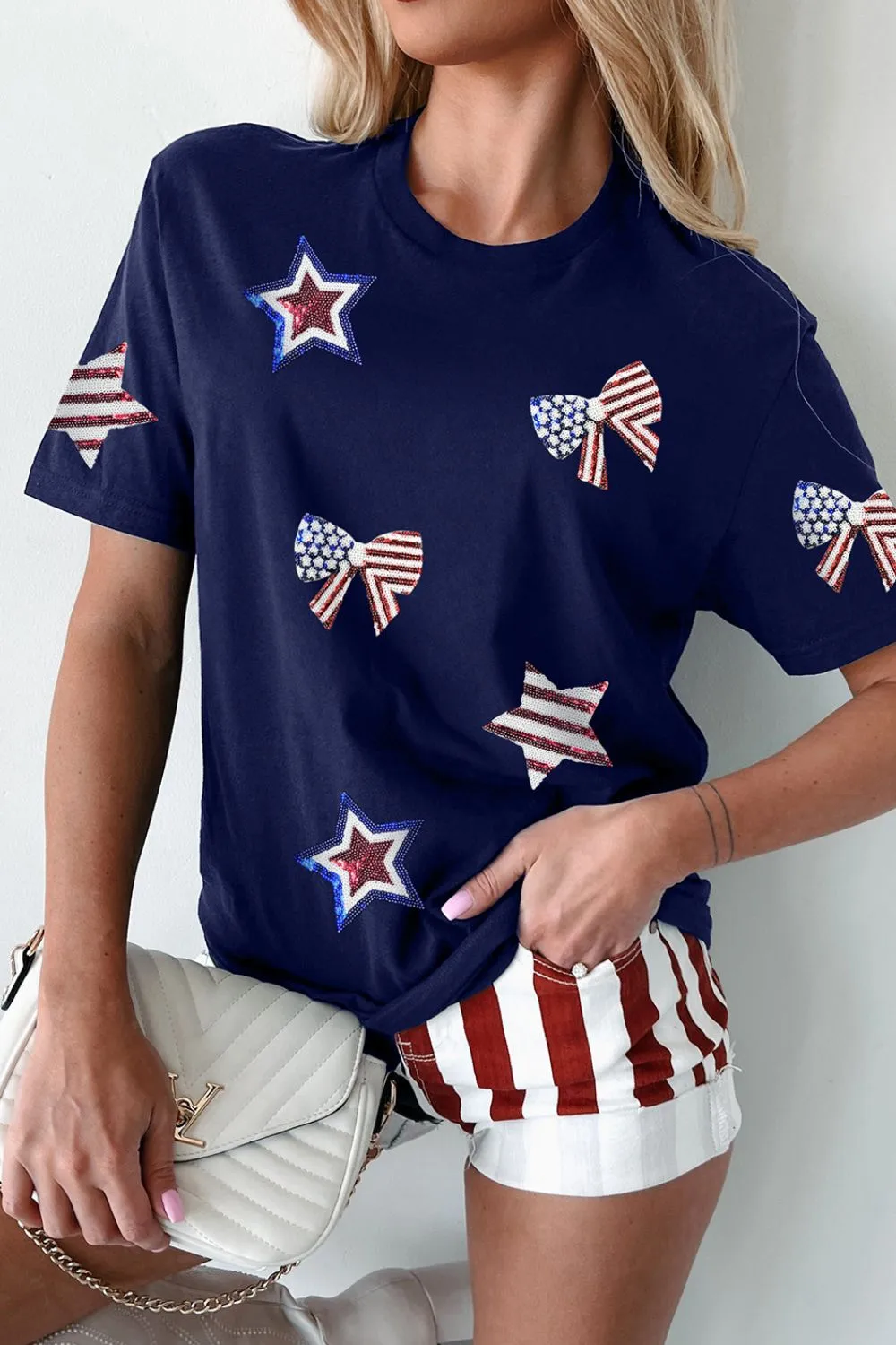 Sequin Star Round Neck Short Sleeve T-Shirt, image 6