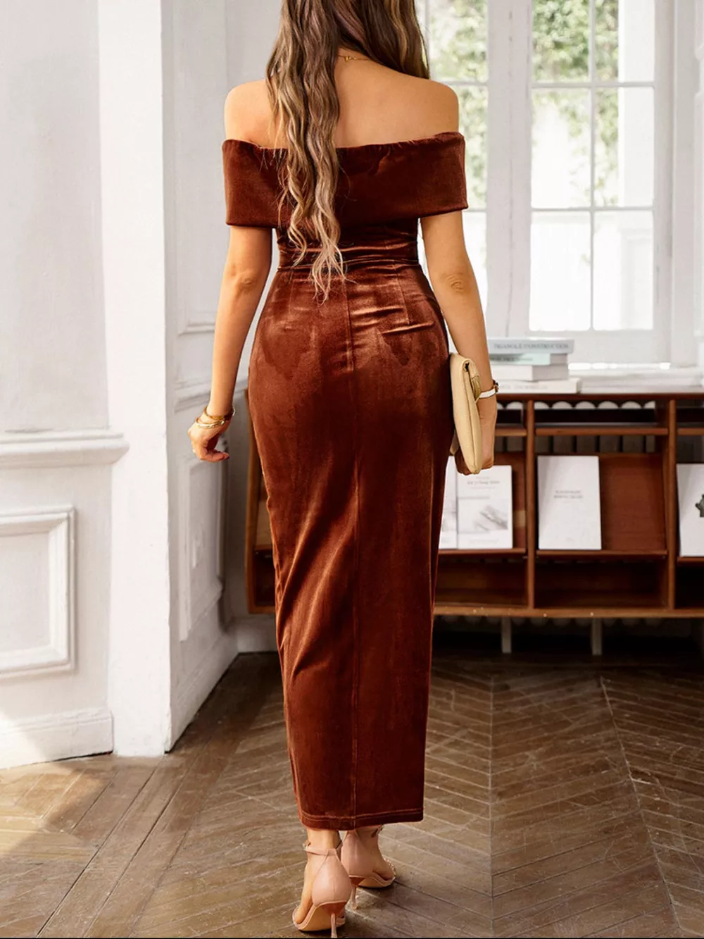 Velvet Off-Shoulder Ruched Midi Dress, image 22