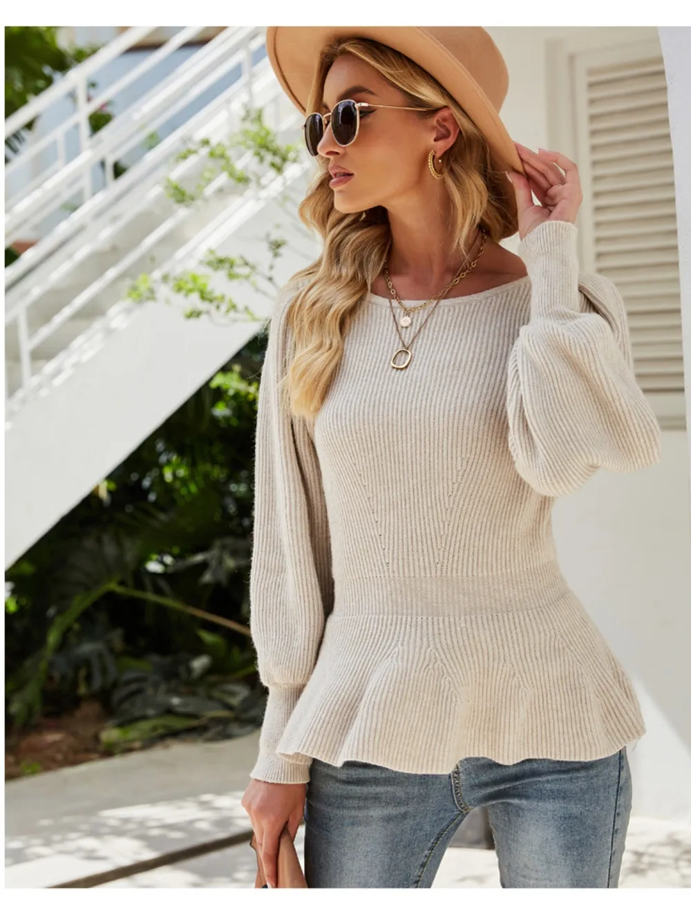 Ribbed Round Neck Lantern Sleeve Sweater, image 6