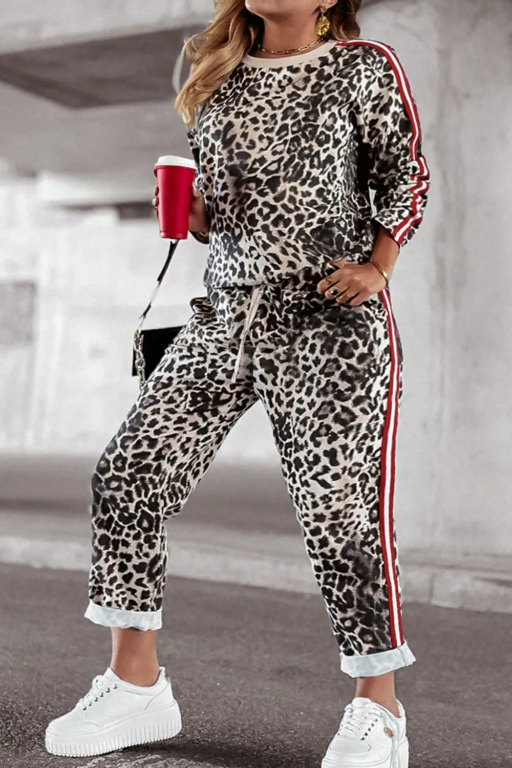 Plus Size Leopard Round Neck Top and Pants Set, image 10
