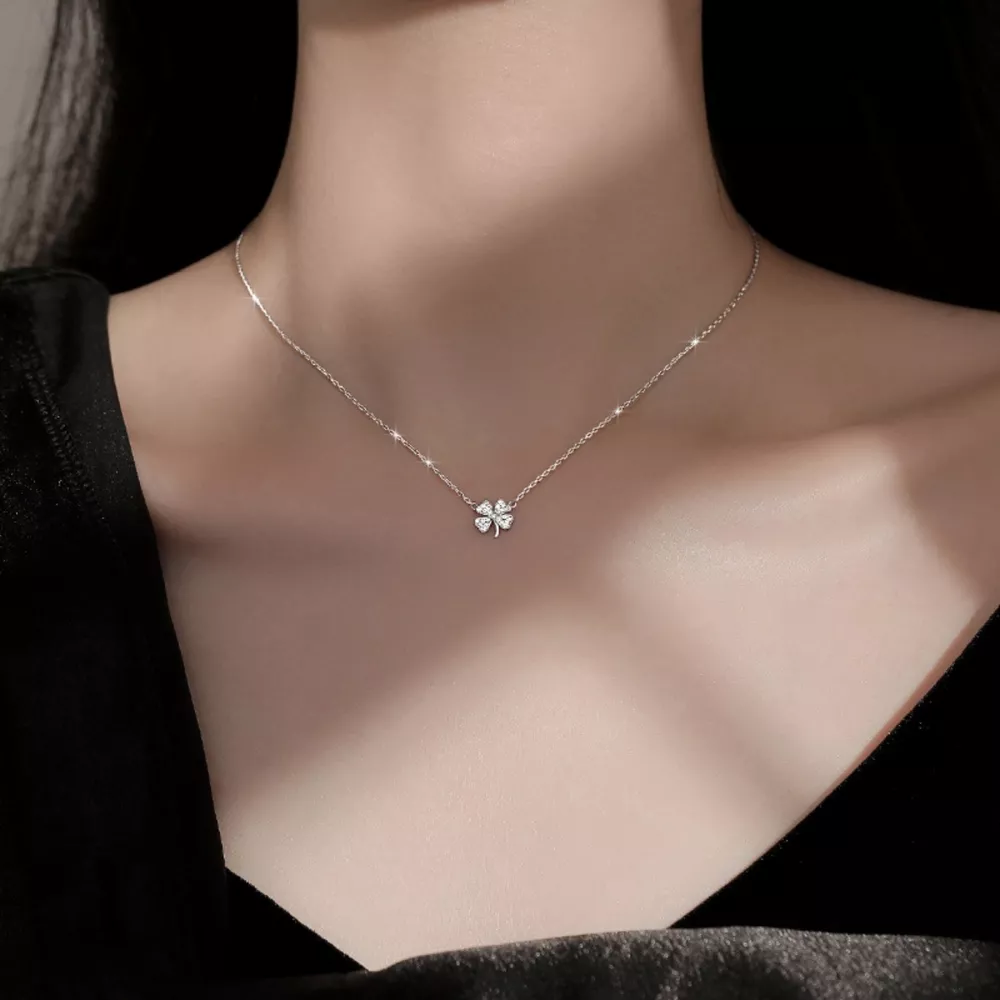 925 Sterling Silver Zircon Four Leaf Clover Necklace, image 4