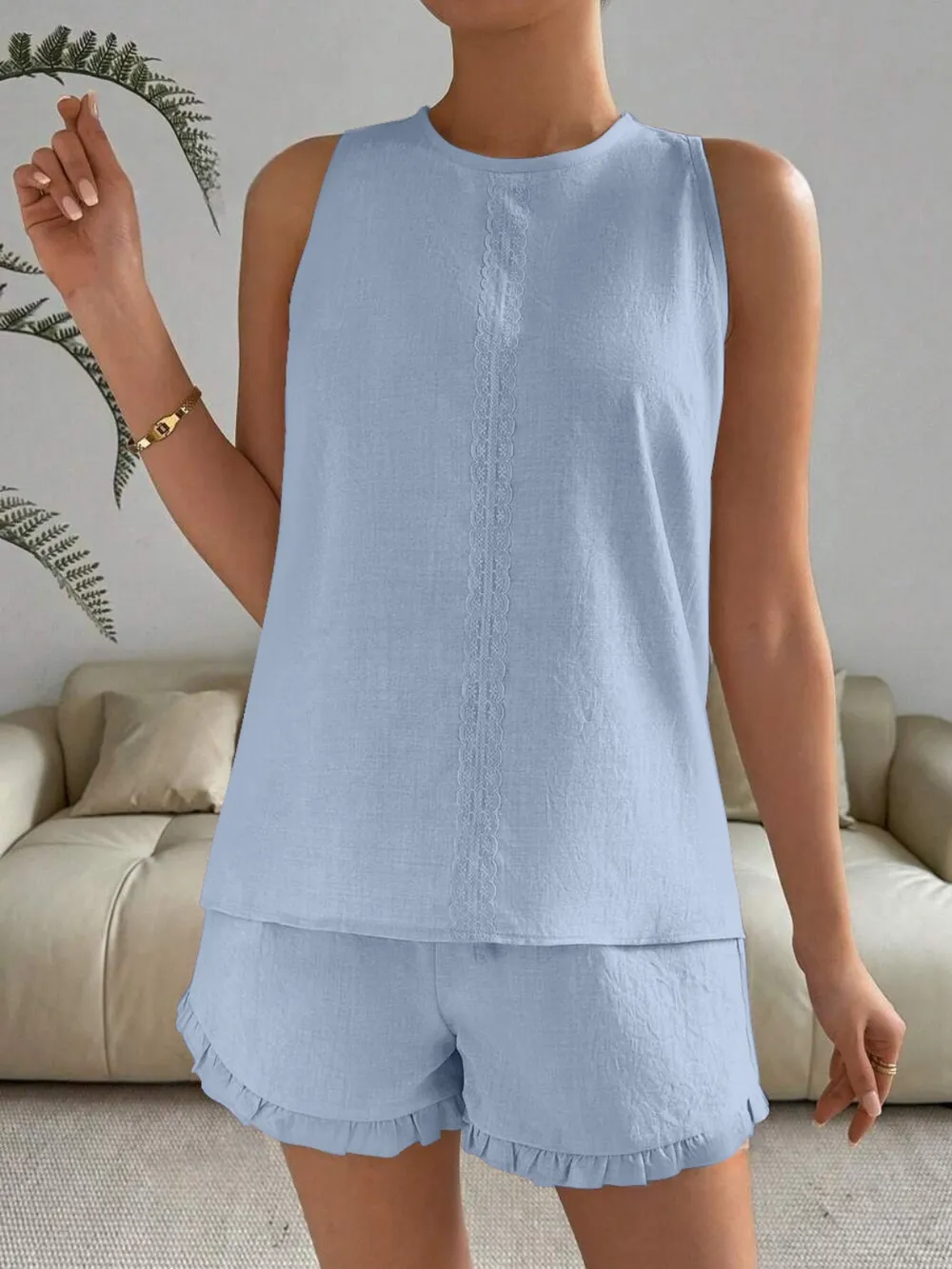 Lace Detail Round Neck Tank and Shorts Set, image 21