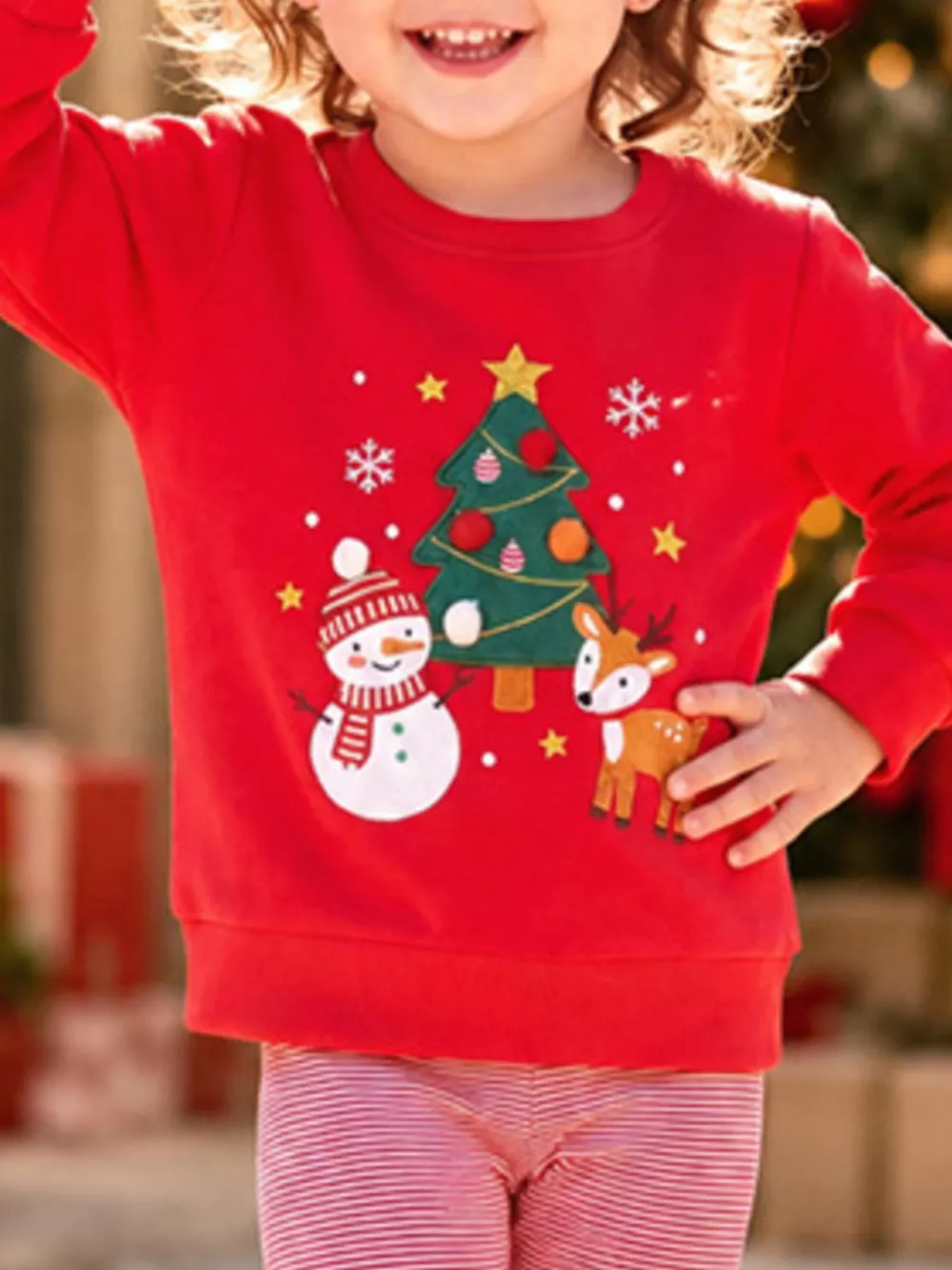 Children's Christmas Themed Sweatshirt and Striped Leggings Set, image 2