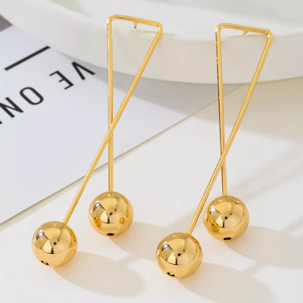 Modern Geometric Triangle Gold Ball Drop Earrings, image 5