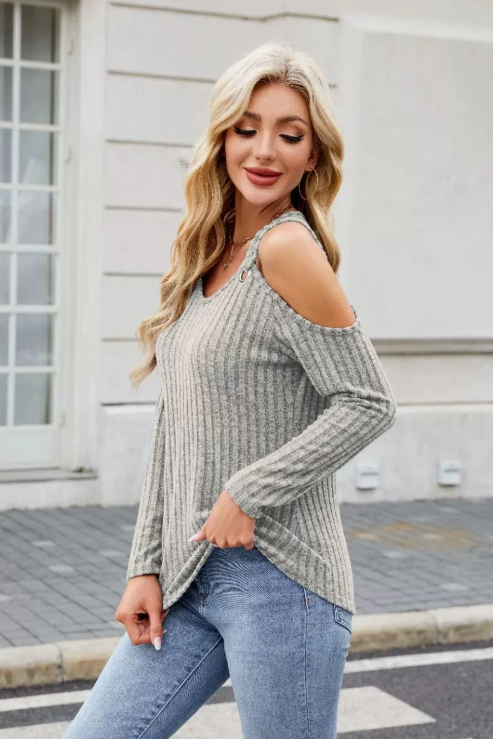 Ribbed Cold Shoulder Long Sleeve Top, image 17