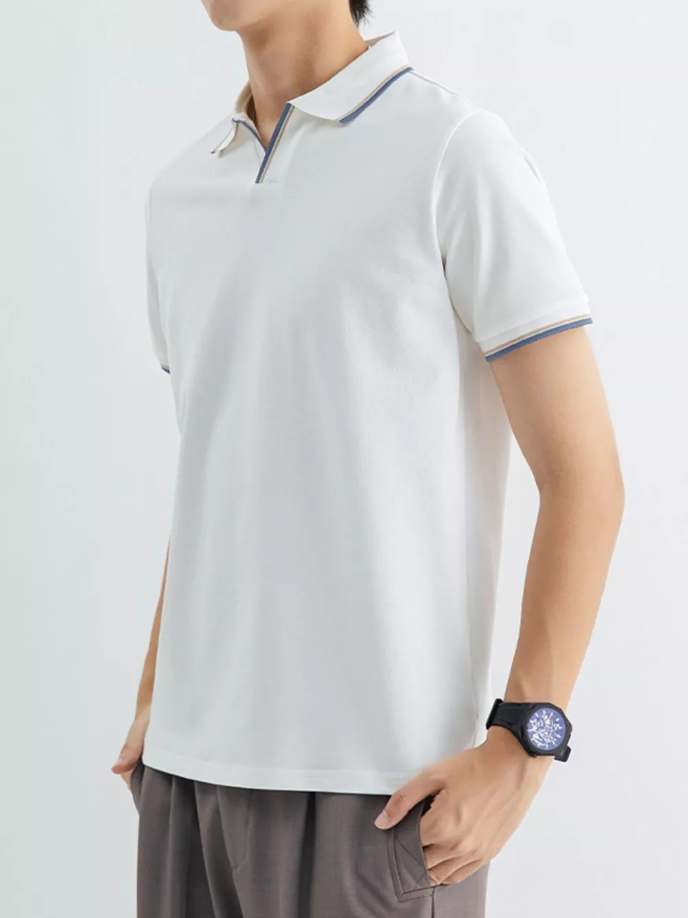 Men's Plus Size Casual Slim-Fit Striped Trim Polo, image 2