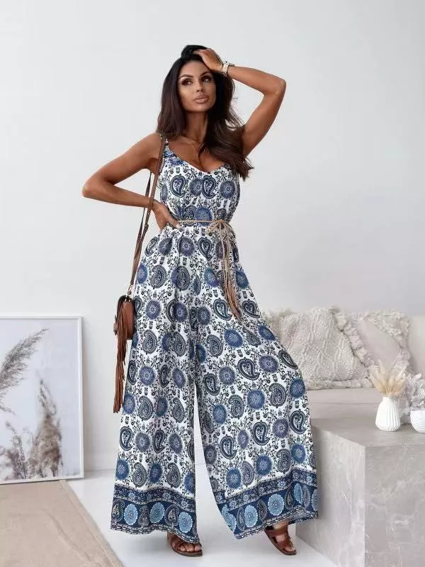 Printed Spaghetti Strap Wide-Leg Jumpsuit, image 2