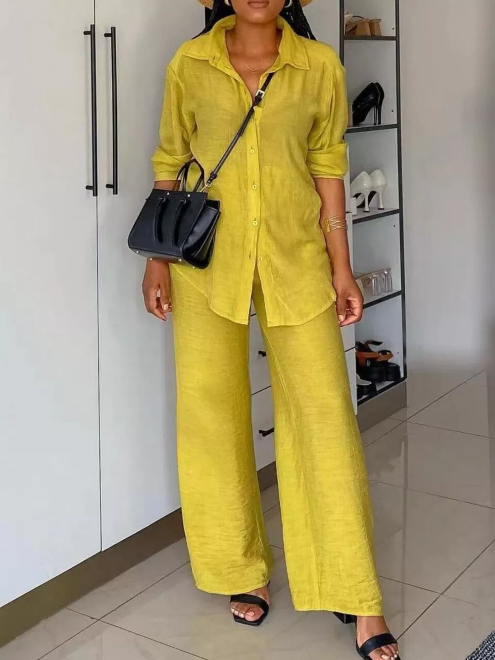 Tie-Front Top and Wide Leg Pants Set, image 3