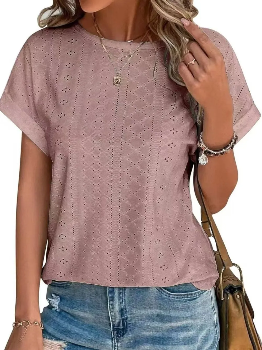 Eyelet Round Neck Short Sleeve Top, image 18