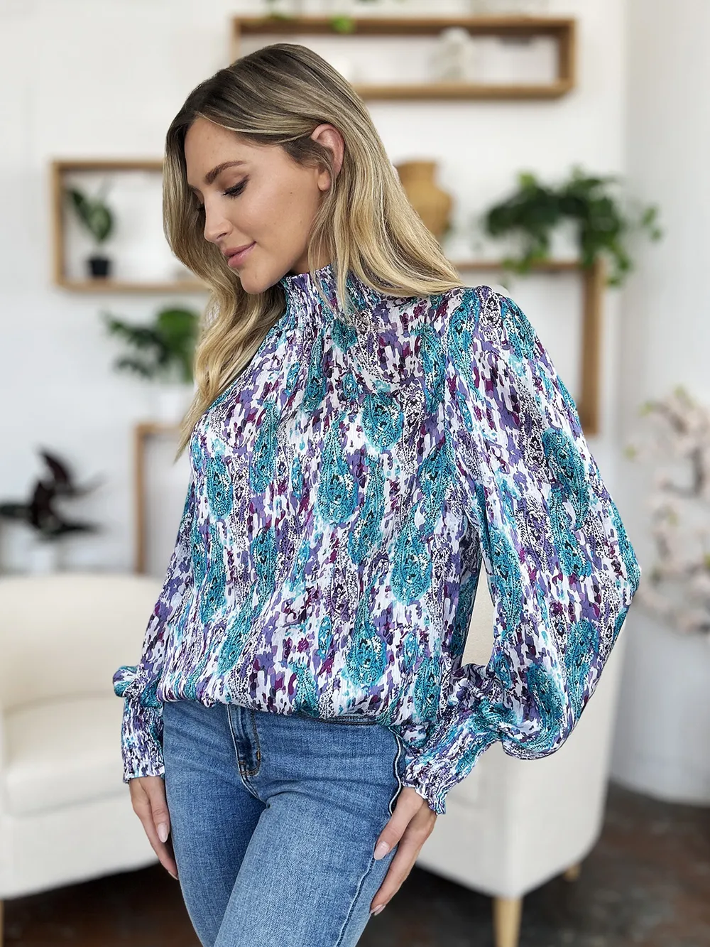 Full Size Printed Smocked Long Sleeve Blouse, image 12