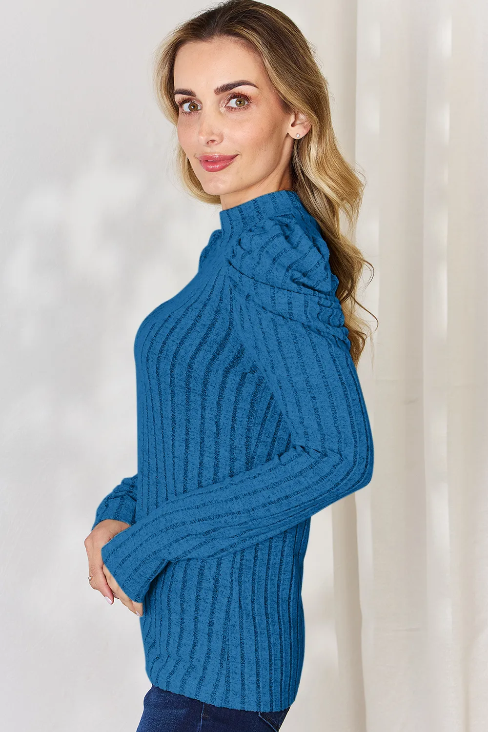 Full Size Ribbed Mock Neck Puff Sleeve T-Shirt, image 35