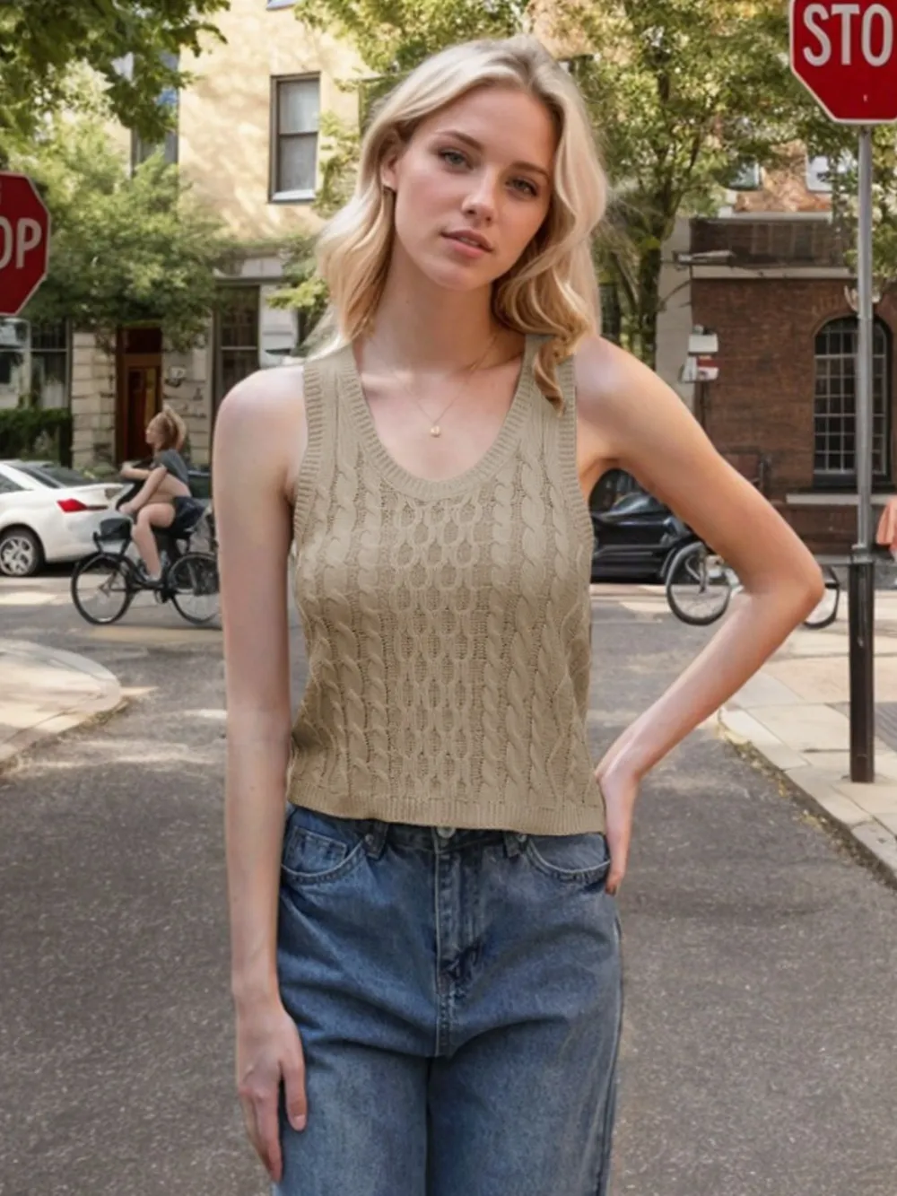 Cable-Knit V-Neck Knit Tank, image 3