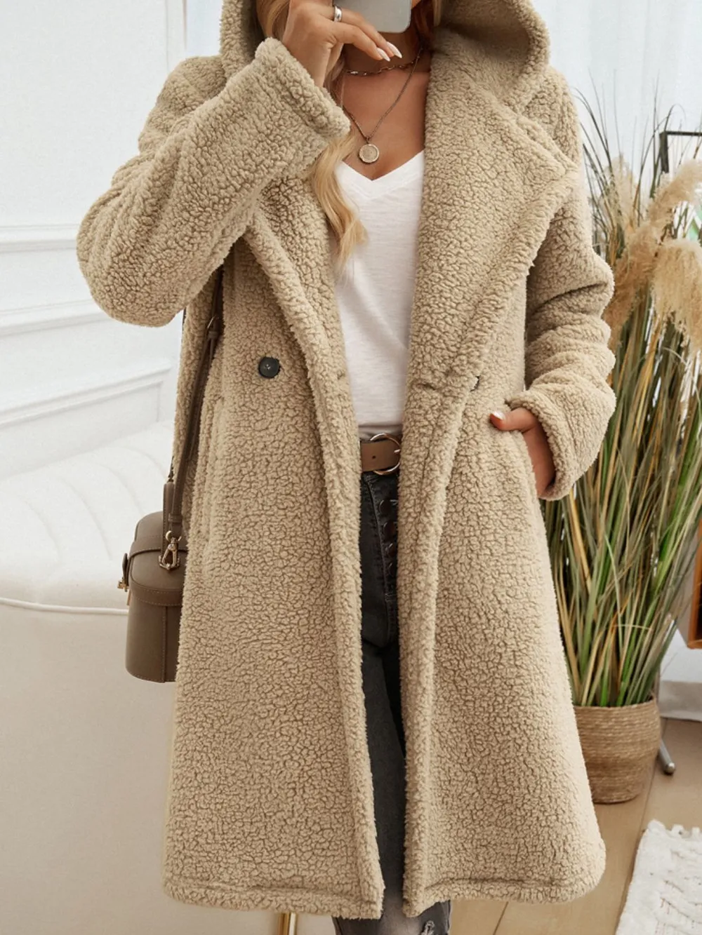 Pocketed Long Sleeve Hooded Teddy Coat, image 5