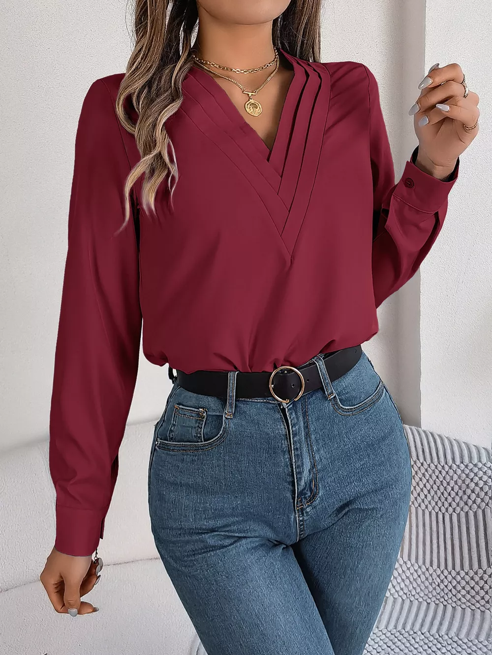 Layered V-Neck Long Sleeve Blouse, image 28