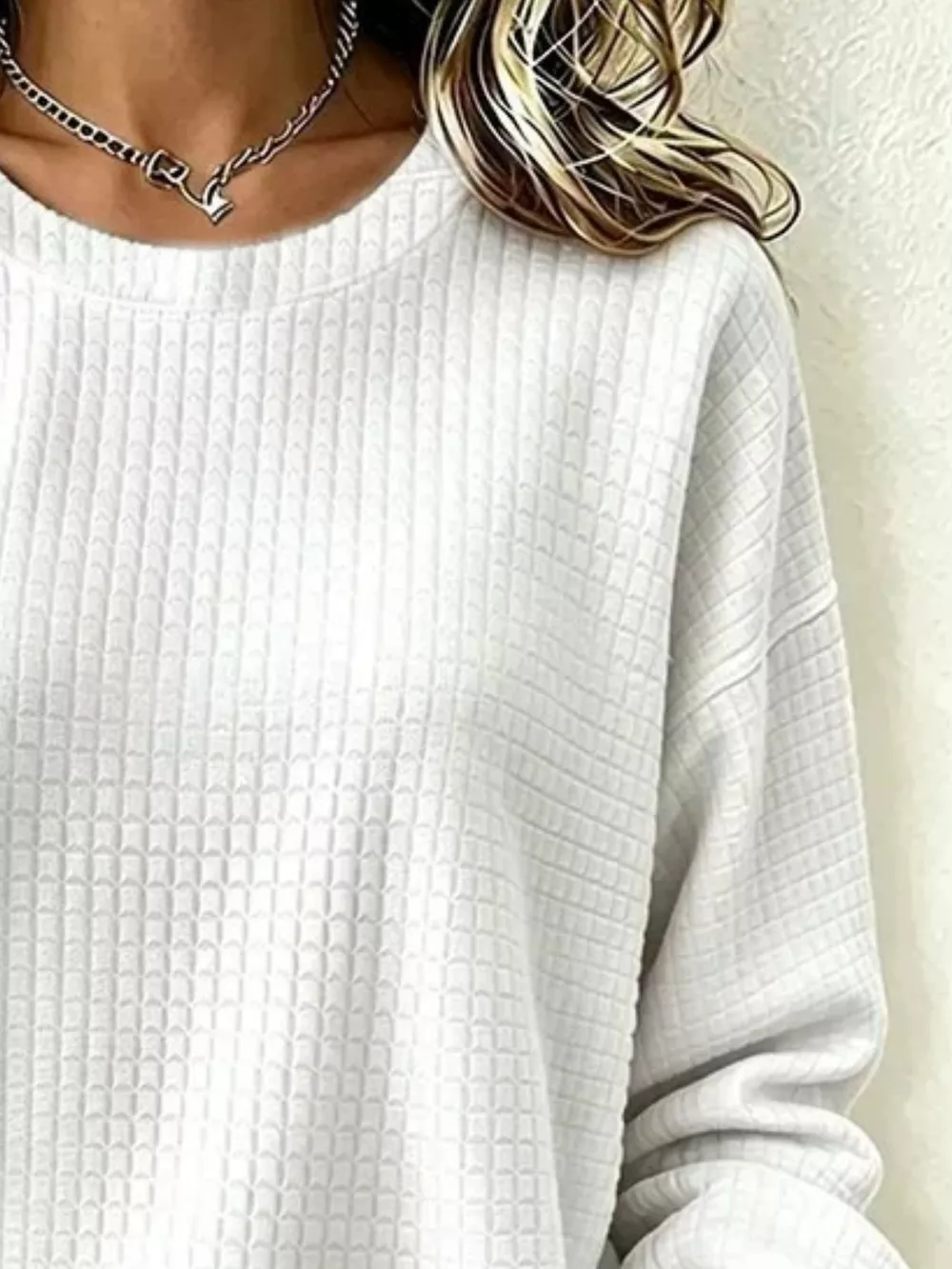Full Size Waffle Knit Long Sleeve Crew Neck Sweatshirt Plus Size, image 7