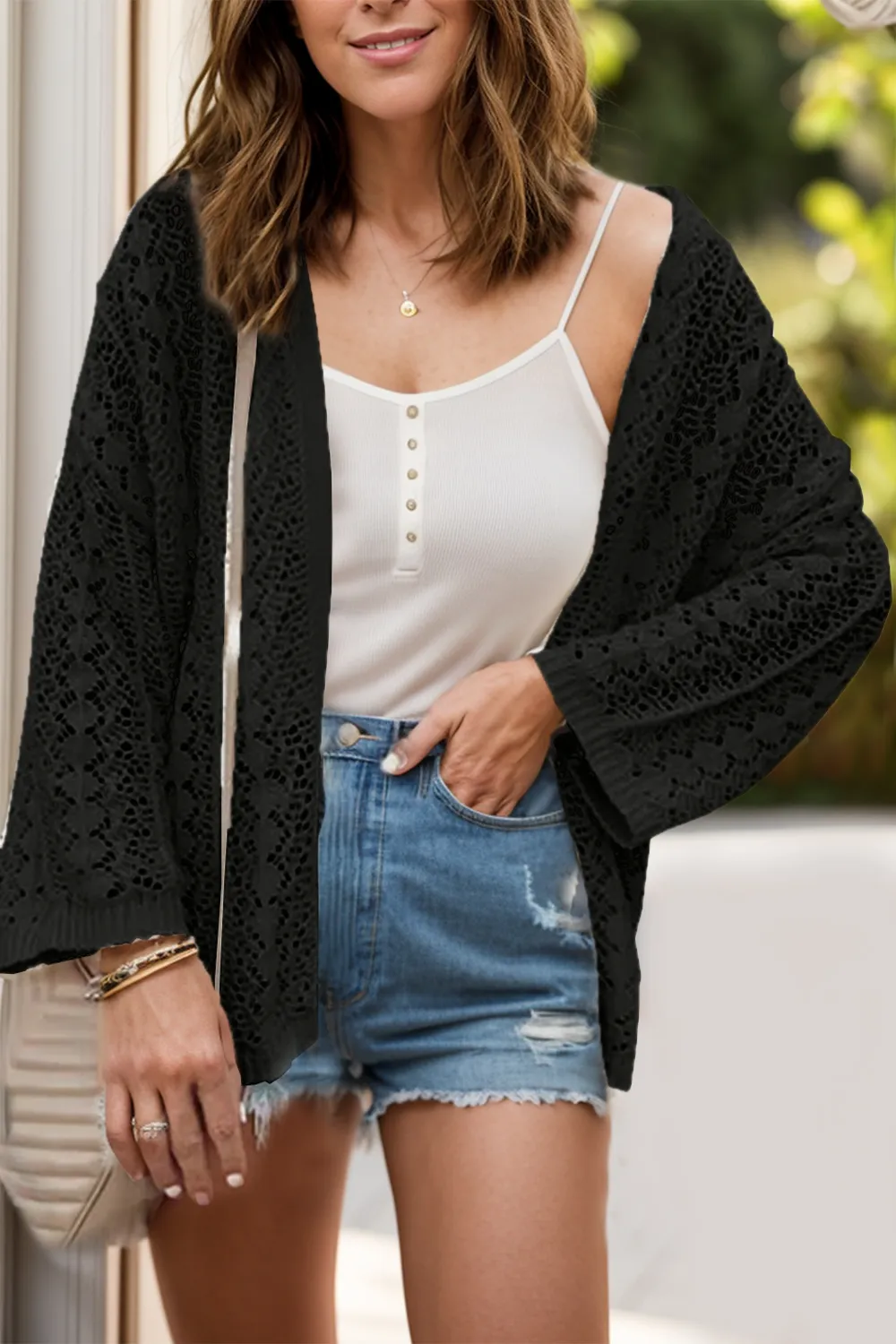 Openwork Open Front Dropped Shoulder Cardigan, image 9