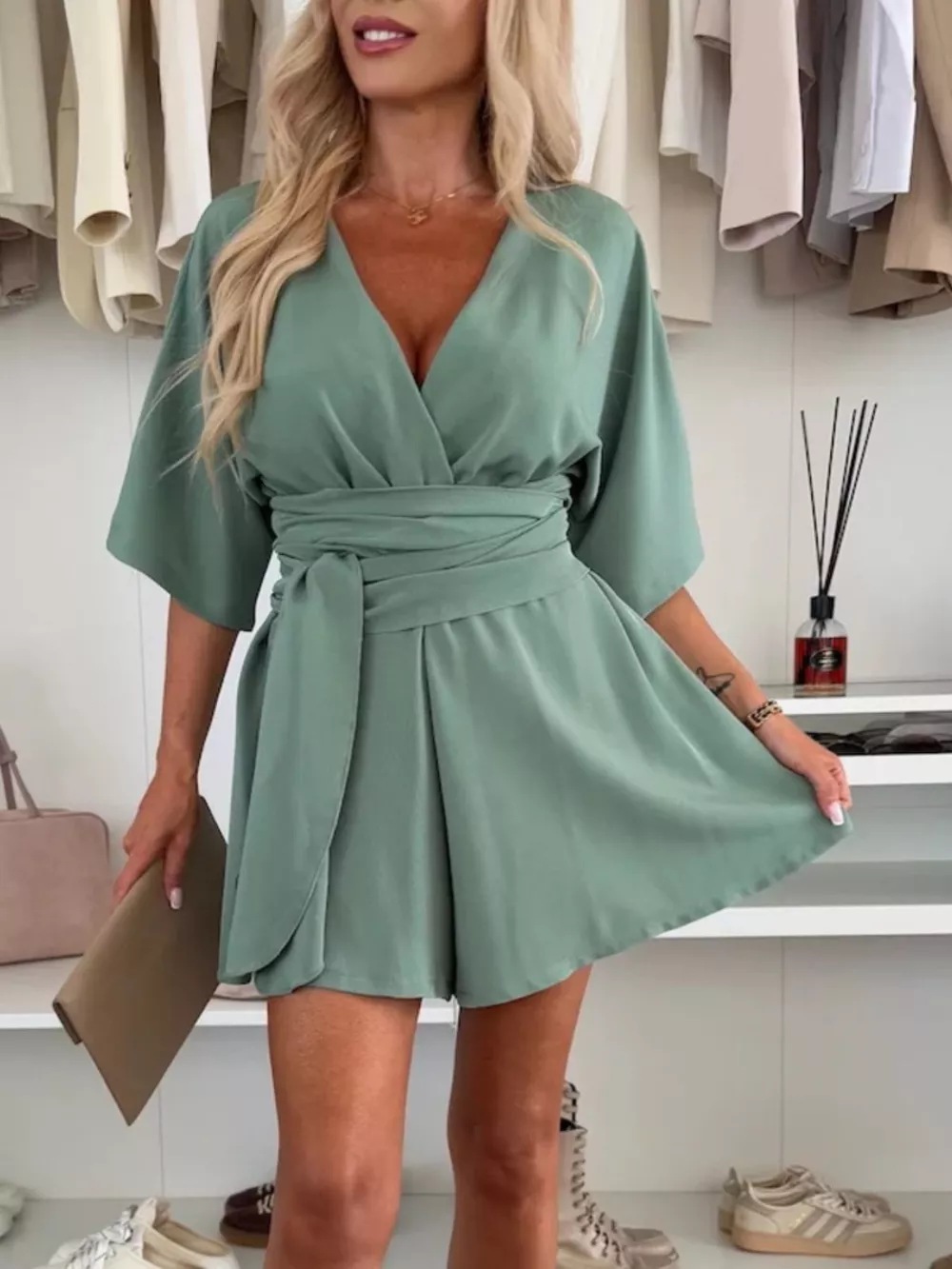 Full Size Surplice Tie Waist Romper Plus Size, image 11