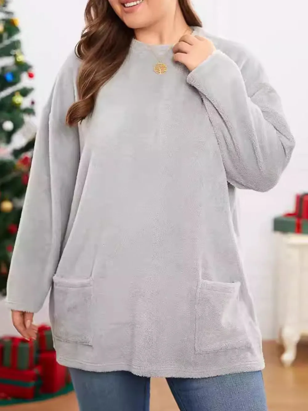 Fuzzy Round Neck Long Sleeve Top, image 3