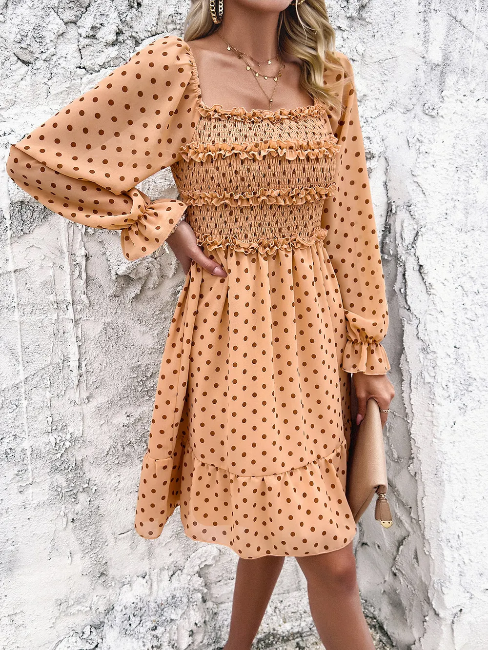 Smocked Polka Dot Long Sleeve Dress, image 9