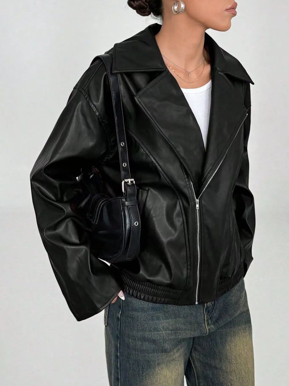 Oversized Faux Leather Moto Jacket, image 3