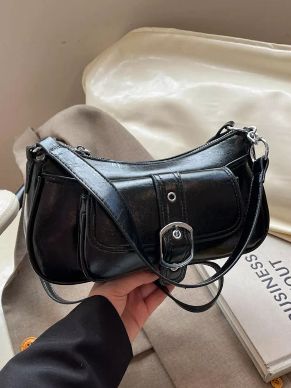 Buckle Detail Faux Leather Crossbody Bag, image 9