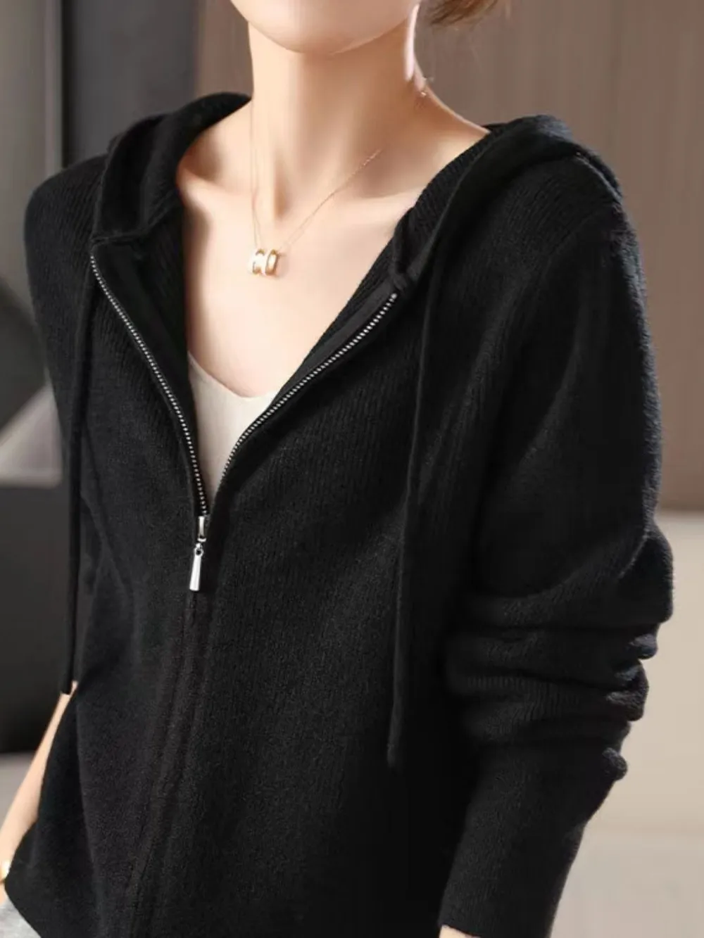 Drawstring Zip Up Long Sleeve Hooded Sweater, image 19
