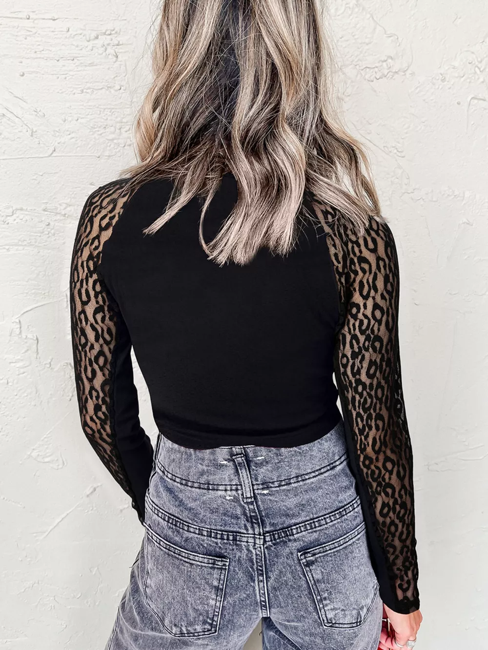 Leopard Mesh Patchwork Knit Long Sleeve Top, image 2