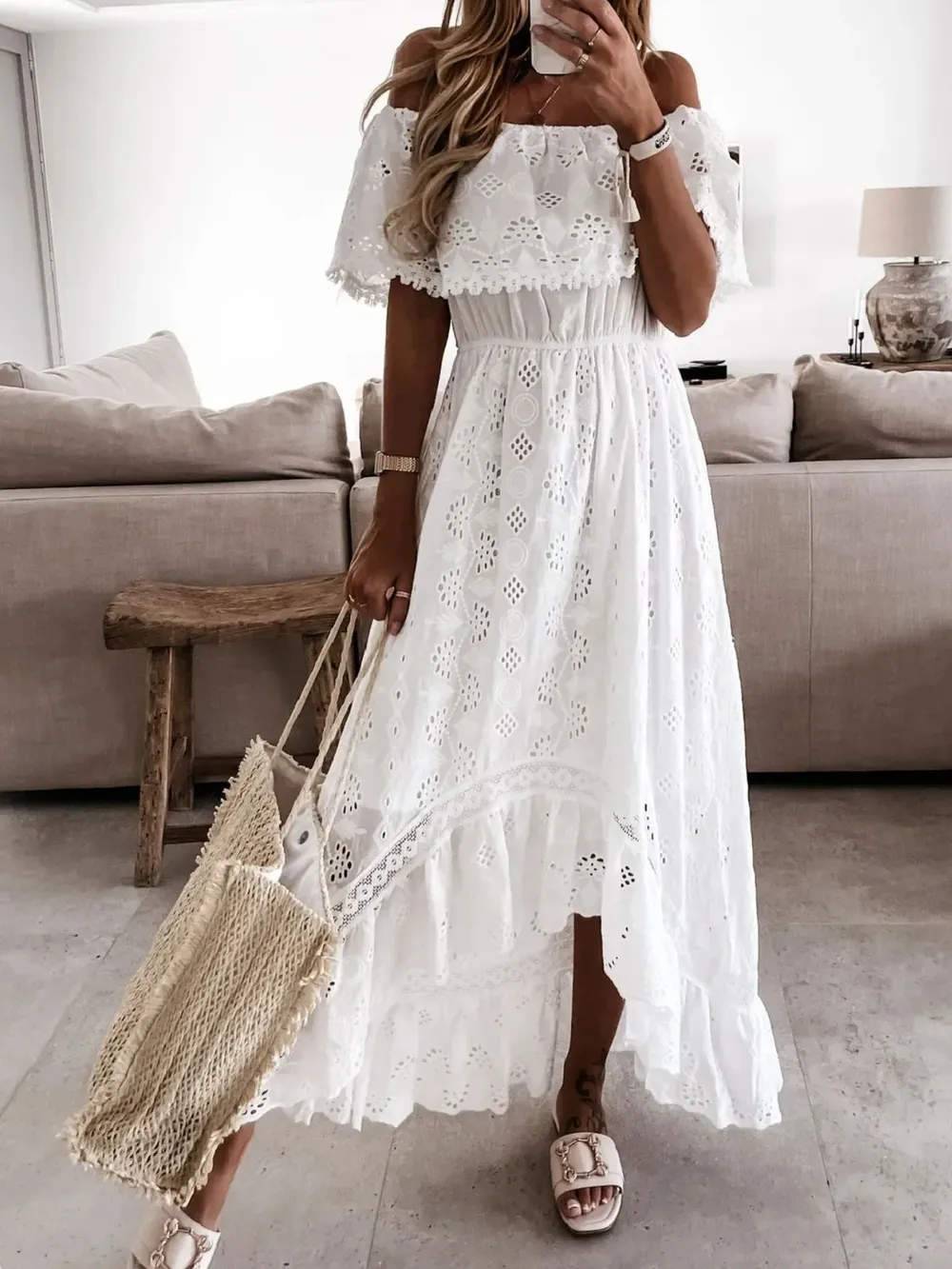 Eyelet Ruffled Hem Off-Shoulder Dress, image 7